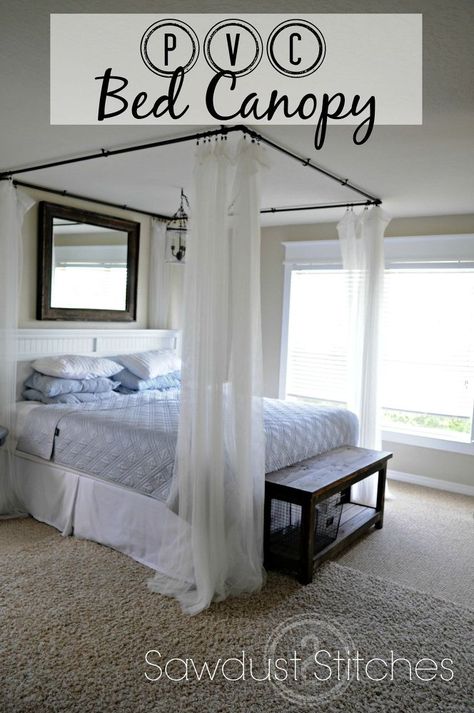 PVC Bed Canopy - There is something about the look of white billowy curtains that I have always loved! It  seems so serene, and spa-like.  Well, I decided to cr Diy Canopy Bed, Shabby Chic Decorating, Simple Bed Designs, Canopy Bed Diy, Shabby Chic Decor Diy, White Molding, Diy Canopy, Bed Diy, Simple Bed