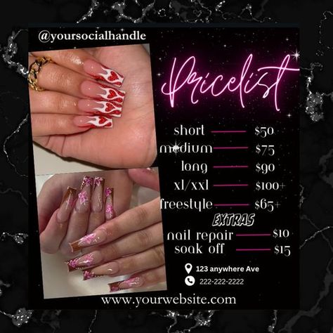 Instagram Post Templates by Amelia Nail Price List Ideas Beginner, Nail Prices For Beginners, Nail Instagram Feed, Nail Tech Notes, Nail Pricing, Privates Nagelstudio, Nail Tech Flyer, Nail Tech Instagram, Tech Instagram Post