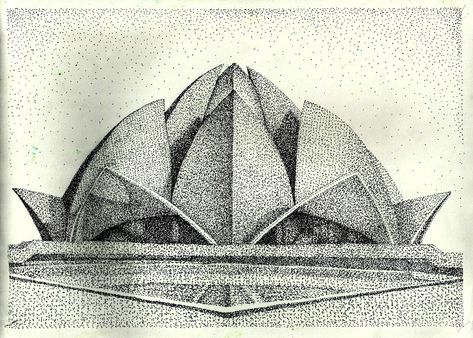 Stippling Drawing, Temple Drawing, Lotus Temple, Dotted Drawings, Architecture Drawing Sketchbooks, Perspective Drawing Architecture, Stippling Art, Nature Art Drawings, Building Drawing