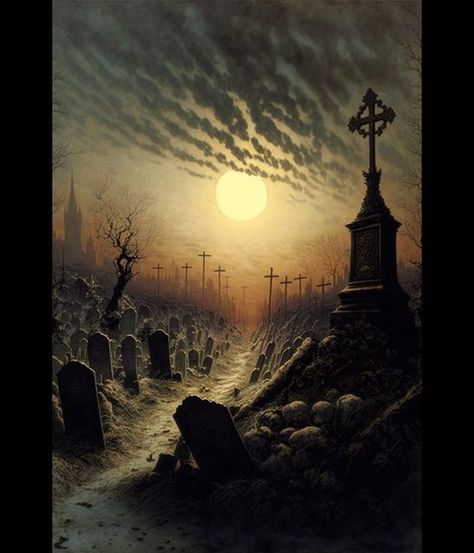 Cemetery Concept Art, Fantasy Cemetery, Fantasy Graveyard, Cemetery Illustration, Grave Illustration, Cemetery Painting, Graveyard Painting, Graveyard Landscape, Dark Cemetery