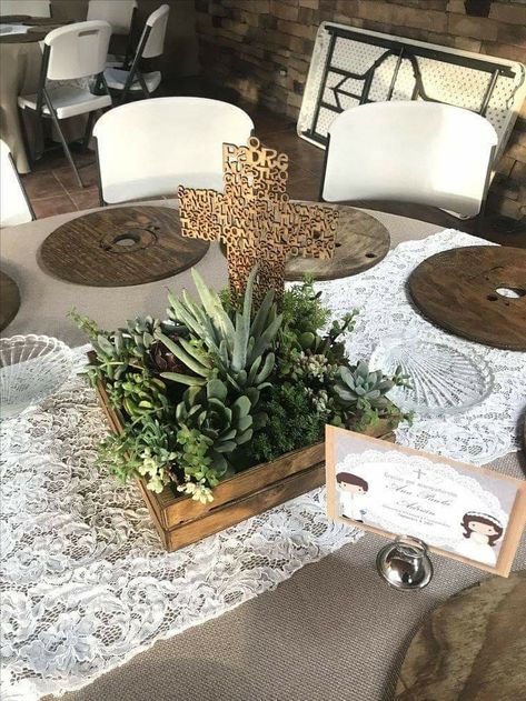 Boy Communion Centerpieces, First Communion Centerpieces For Boys, Boy Confirmation Party Ideas, Boy Bautizo Party Ideas, Charro Baptism Centerpieces, Bautizo Ideas Girl Centerpieces, Confirmation Party Ideas For Boys, Confirmation Centerpieces, Baptism Centerpieces For Boys