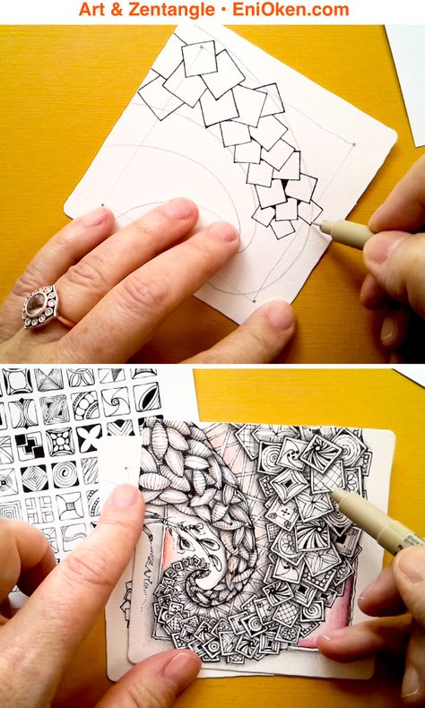 Zentangle Fragments, What Is Art Therapy, Tangled Painting, Eni Oken, Tangled Series, Zentangle Artwork, Tangle Pattern, Tangle Doodle, Simple Designs To Draw