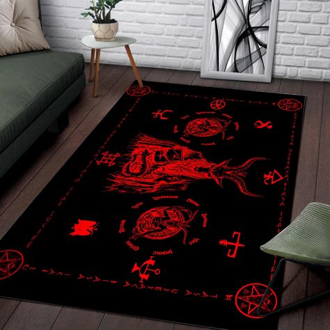 PRICES MAY VARY. 🌙 PRODUCT INFORMATION: Made of 100% Polyester environmentally friendly materials and a plastic non-slip backing. Can fit most indoor areas. 🌙 THICKNESS: 7mm, thick enough. Feels soft under your foot and vivid colors won't fade over time. Beautiful, blended colors along with clean, make your rug perfect for any room, home or office. Enhanced soft pile keeps dirt out and keeps your rug looking great for years. 🌙 PERFECT FAMILY DECOR: Your rug will instantly add fashion to any r Satanic Room Decor, Satanic Goat Head, Satanic Goat, Living Room Carpet Floor, Dungeon Room, Gothic Rug, Gothic Room, Goat Head, Blended Colors