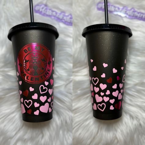 Be my Valentine Black glittered 24oz Reusable Cold CUP with matching Lid and straw.  Each item is made to order. The cup is decorated with premium quality permanent vinyl. The vinyl is placed by hand which means not ever cup design will be the exact same.   This cup is Not sealed with epoxy.  ALL SALES are final as they are customized to your liking.  Feel free to message me with any questions. Thank you for choosing Blossomed Custom Creations Instagram @blossomed_custom_creations Vaso Starbucks, Hot Pink Chrome, Chrome Red, Valentine Diy, Pink Chrome, Mickey Christmas, Plastic Tumblers, Black Hot Pink, Cricut Maker