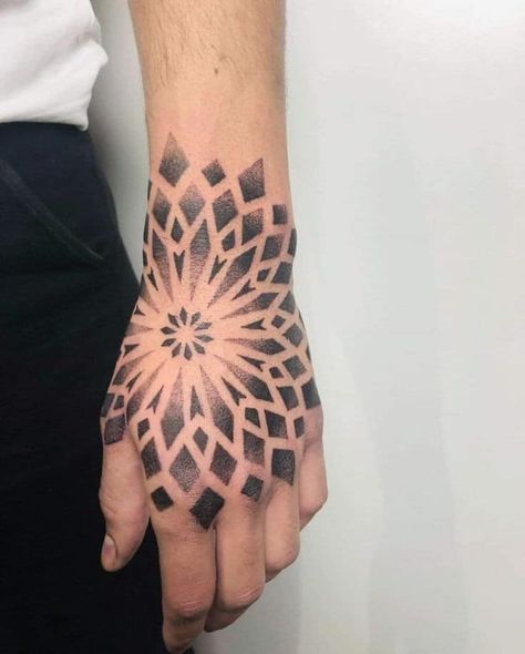 Topey Tattoo - Mandala Pointillism Tattoo Ideas⚫💕 OPEN... | Facebook Geometric Hand Tattoo Men, Mandala Hand Tattoo Men, Mandala Dotwork Tattoo Design, Dot Work Tattoo Design, Geometric Tattoo Hand, Dotwork Tattoo Mandala, Tattoo Main, Pointillism Tattoo, Geometric Tattoo Sleeve Designs