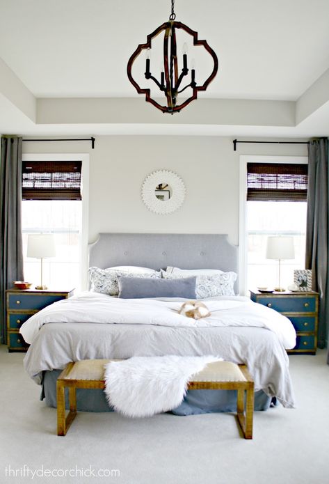 Bed Between Windows, Bed Between Two Windows, Sleep Number Bed, Bedroom Tour, Long Room, Thrifty Decor Chick, Morning Room, Thrifty Decor, Tray Ceiling