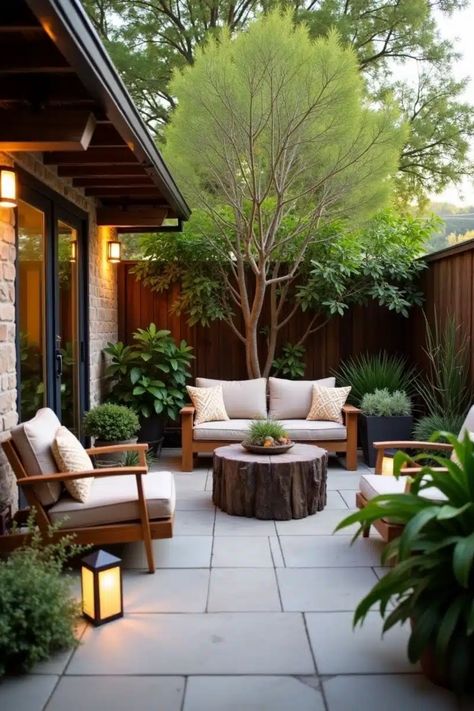 Cozy outdoor patio with wooden furniture, lush plants, and warm lighting. Zen Backyard Ideas Patio, Mid Century Modern Outdoor Patio, Outdoor Seating Area Ideas, Backyard Porch Ideas, Zen Backyard Ideas, Creative Lighting Ideas, Back Patio Ideas, Zen Backyard, Mid Century Modern Patio