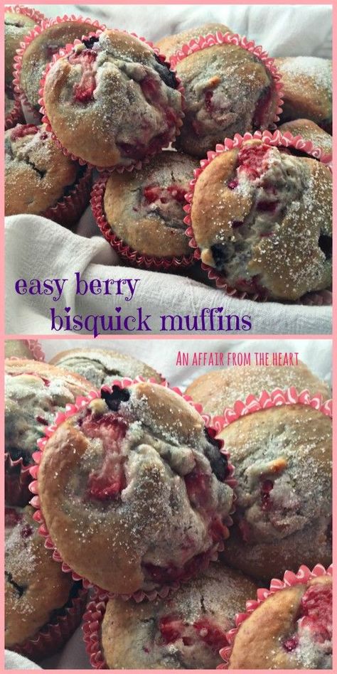 Easy Berry Bisquick Muffins | anaffairfromtheheart.com Easy and tasty! Made them with frozen berries and #Bisquick! Things To Make With Bisquick, Bisquick Muffins, Impossible Recipes, Bisquick Coffee Cake Recipe, Bisquick Recipes Breakfast, Bisquick Cookies, Jiffy Mix Recipes, Impossible Pies, Mixed Berry Muffins