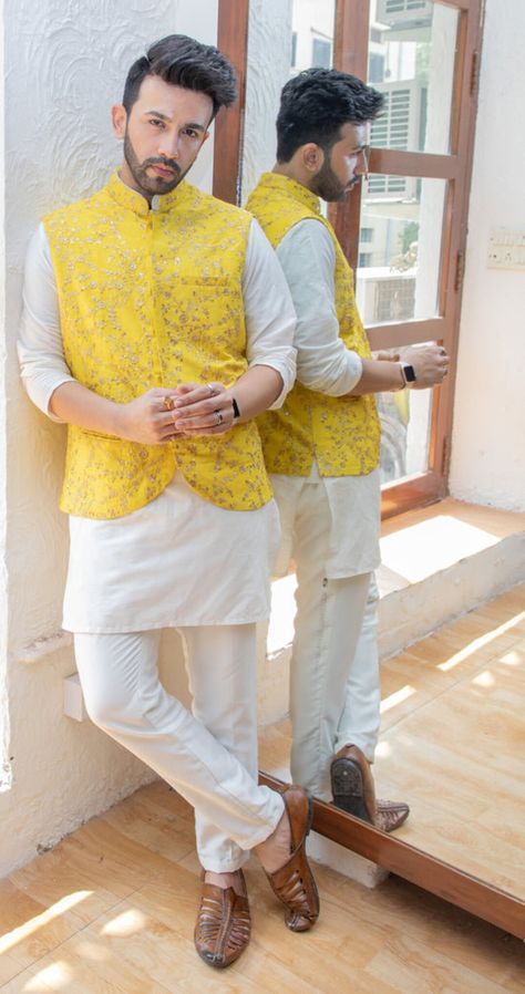 Buy Nehru Jacket With Silk Kurta Pajama Sherwani Groomsmen online on Etsy India. Shop for handmade, vintage and unique Womens Dresses items from DesignByShivani online on Etsy Groomsmen Kurta Pajamas, Aligarh Pajama, Prince Suit, Mens Traditional Wear, Cotton Kurta Set, Haldi Outfits, Haldi Outfit, Anarkali Lehenga, Gents Kurta