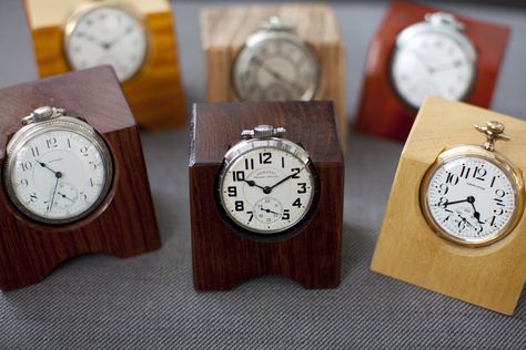 American Pocket Watches As Desk Clocks (technically not on the wrist) Watch Roll Case, Leather Watch Roll, Old Pocket Watches, Watch Display Case, Leather Watch Box, Watch Organizer, Wooden Garage, Desk Clocks, Personalized Watches