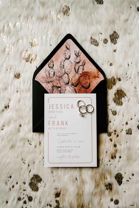 "Set the scene for a stunning desert boho wedding with an invitation that captures the unique beauty of the landscape with a hint of luxury. Our exclusive desert boho wedding invitation is the perfect way to add a touch of elegance and sophistication to your special day! Designed with details in mind, this invitation features a cactus design that is printed on a high quality, off-white card stock (120#) and paired with a black wedding envelope. For the perfect finishing touch, a cactus wax seal Modern Western Wedding, Desert Boho Wedding, Boho Desert Wedding, A Black Wedding, Western Wedding Invitations, Wedding Wording, Desert Boho, Boho Wedding Invitation, Boho Desert