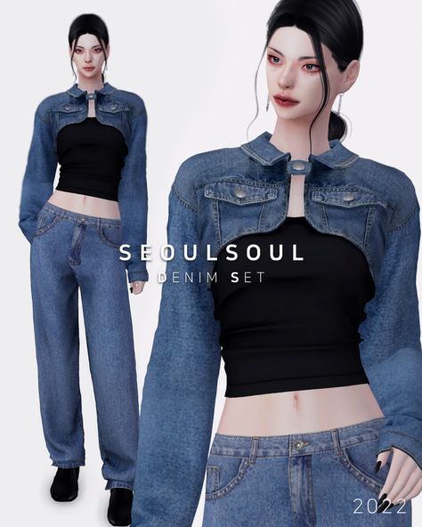 Sims4 Cc Patreon, Sims 4 Cc Eyes, Cc Mods, Sims 4 Anime, Denim Set, Pelo Sims, Sims 4 Dresses, Clothes Korean Style, Sims 4 Characters