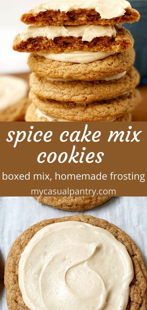 Spice Cake Mix Cookies - filled with all of the warm spices of fall, these cookies couldn't be easier to make.  A box cake mix and a few staple ingredients are all you need to make and enjoy these deliciously soft cookies. Spice Cake Mix Cookies, Spice Cake Mix Recipes, Cookies Frosting, Cake Box Cookies, Brown Butter Frosting, Cake Mix Desserts, Spice Cake Recipes, Soft Cookies, Maple Brown