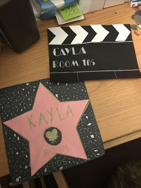 Hollywood door deca RA Hollywood Door Decorations, College Dorm Door Decorations Name Tags, Ra Door Tags Colleges, Door Decks Ra, Movie Door Decs, Hollywood Bulletin Board Ideas, Ra Floor Themes Door Decs, Hollywood Crafts For Kids, Ra Dorm Door Decorations