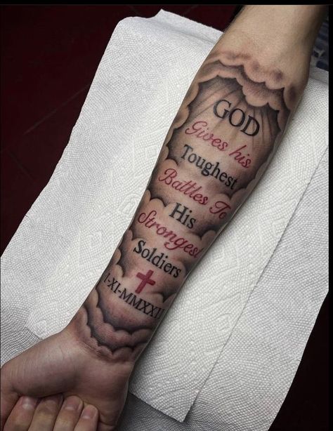 Tattoos For Women Full Sleeve, God Gives His Toughest Battles To His Strongest Soldiers Tattoo, Nice Forearm Tattoos For Men, Backside Forearm Tattoo Men, Godly Tattoos Men, God Give His Toughest Battles Tattoo, God Gives His Toughest Battles Tattoo, Tattoo Ideas Male Sleeve, Bible Verse Tattoos For Men Arm