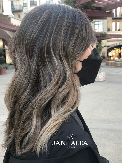 Grey Blend Balayage, Light Ash Brown Hair With Dark Roots, Subtle Ash Balayage On Dark Hair, Partial Balayage Ash Brown, Reverse Balayage Ash Brown, Bayalage Dark Hair, Lived In Ash Brown Balayage, Brown Bayalage Hair, Highlights Brown Hair Balayage