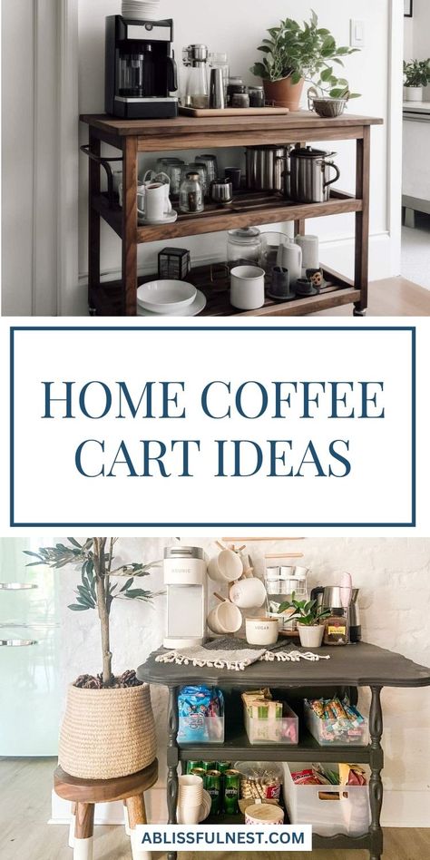 Don't let limited space cramp your coffee style! Home coffee cart ideas are perfect for maximizing your kitchen or living room. A rolling cart can be easily moved and stored away when not in use, making it a versatile and practical addition to your home. Plus, it's a stylish way to showcase your favorite coffee accessories and create a charming focal point in any room. #smallspaces #coffeebar #coffeecartideas Coffee And Bar Cart Ideas, Coffee Cart Ideas Home, Home Coffee Cart, Coffee And Bar Cart, Kitchen Cart Ideas, Coffee Bar Cart Ideas, Diy Coffee Cart, Coffee Cart Ideas, Coffee Bar Cart