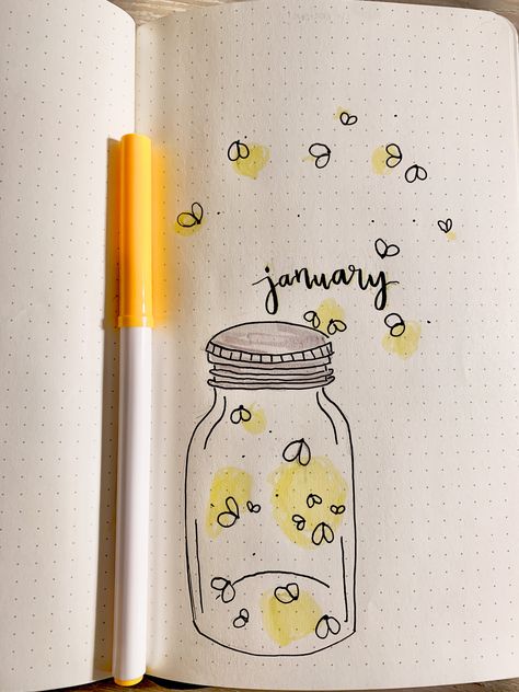 Cute Stationery Diy, Firefly Doodle, Firefly Bullet Journal, Bujo January Theme, January Drawings, Aesthetic Bujo Ideas, January Bullet Journal Theme, Aesthetic Bujo, Stationery Aesthetic