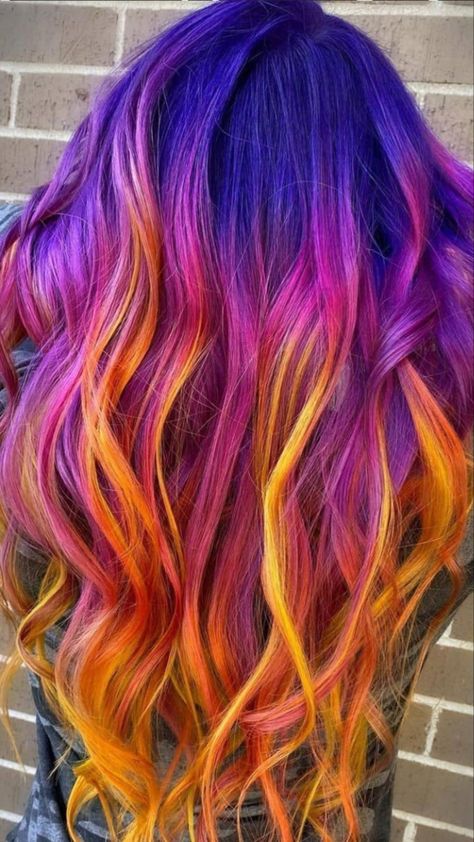 Vivid Hair Color Ideas Underneath, Multi Color Short Hair, Bright Hair Color Ideas For Blondes, Prism Hair Color, Vivid Balayage, Vibrant Hair Color Ideas, Galaxy Hair Color, Sunset Hair Color, Hair Dye Techniques