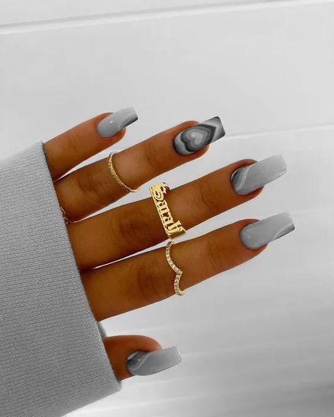 Grey Short Acrylic Nails Square, Prada Nails Design, Grey Plaid Nails, Short Nails Grey, Short Grey Nails, Gray Marble Nails, Gray Nails With Design, Grey Acrylics, Gray Nails Ideas