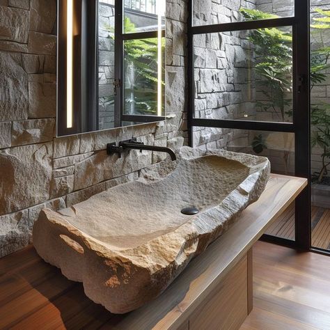 Unique Sink Design, Sirencore Room, Rock Bathroom Ideas, Rock Sink, Rock Bathroom, Floating Rocks, Country Kitchen Inspiration, Lodge Bathroom, Wabi Sabi House