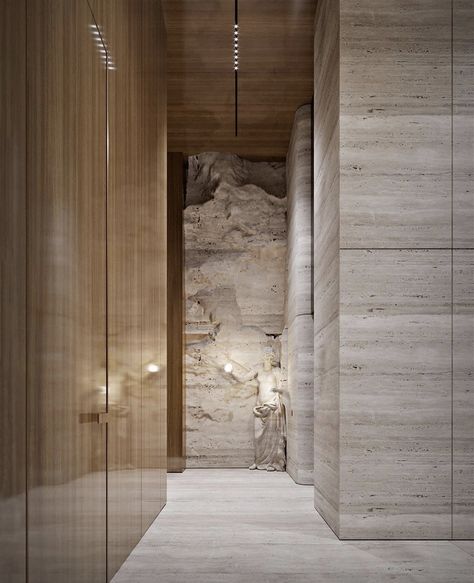 Residential Lobby Design, Stone Texture Wall, Emirates Hills, Residential Lobby, 2023 Decor, Wall Detail, Earthy Home, Entry Wall, Beige Stone