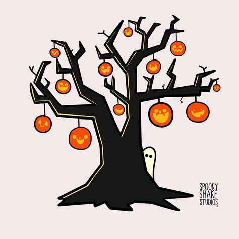 Spooky Shake Studios | Take a stroll through a spooky forest some cool autumn eve, and you just might stumble upon the Halloween Tree! 🎃🎃🎃 Print and sticker… | Instagram The Halloween Tree, Spooky Forest, Spooky Ideas, Spooky Tree, Tree Doodle, Stickers Cool, Cool Autumn, Spooky Trees, Halloween Tree