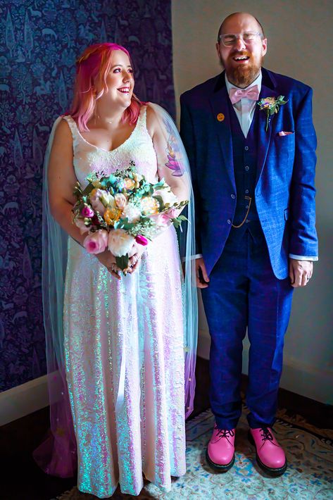 Iridescent Realness: A Super Pink & Sparkly Wedding with BTTF, Harry Potter and Idles References! · Rock n Roll Bride Irridescent Wedding Dress, Opal Wedding Dress, Iridescent Wedding Theme, Alternative Wedding Dress Modern Bride, Platonic Wedding, Cyberpunk Wedding, Iridescent Wedding Dress, Campy Wedding, Festival Wedding Dress