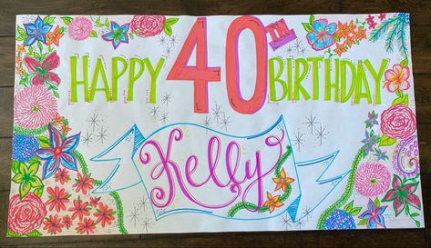 This is a 40th birthday banner inspired by Lily Pulitzer designs and colors. #thecrazypolkadot #birthdaybanner #birthday #40thbirthday #40 #milestones #lily #lilypulitzer #flowers #brightcolors #rainbow #neons #diy #lettering #houstonlettering #houston @crayola #crayolamarkers #bannerpaper #homemade #drawing #markers #penandpaper 40th Birthday Banner, Crayola Markers, Paper Banners, Birthday Party Banner, Party Banners, 40th Birthday Parties, Hand Painted Signs, Happy Birthday Banners, Pen And Paper