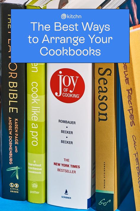 We asked a few professional organizers for their best tips for keeping cookbooks accessible yet organized — and a few super-helpful product suggestions, too. Storing Cookbooks In Kitchen, Cookbook Organization Storage, Recipe Book Shelf In Kitchen, Cookbook Organization Ideas, How To Style Cookbooks In Kitchen, Kitchen Recipe Book Display, Cookbook Library Display, How To Store Cookbooks, Cookbook Display Ideas