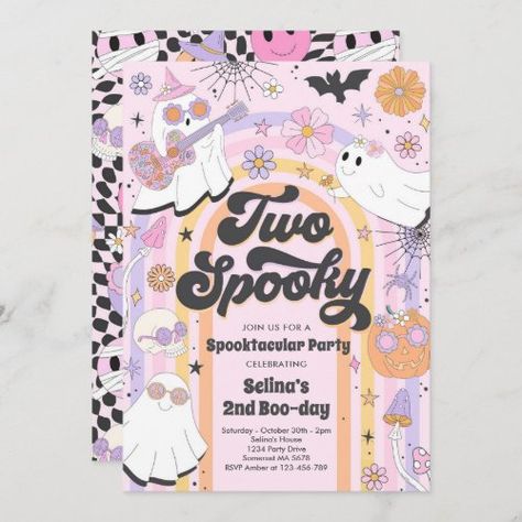 $3.08 | Two Spooky Halloween Groovy Ghost 2nd Birthday | Halloween Birthday Invitations | halloween birthday, halloween party, spooktacular party, ghost birthday party, retro halloween party, groovy halloween party, hippie halloween party, spooky vibes party, two spooky birthday, two spooky party Ghost Birthday Party, Retro Halloween Party, Halloween Theme Birthday, Halloween Party Spooky, Ghost Birthday, Groovy Ghost, Halloween First Birthday, Halloween 1st Birthdays, Halloween Themed Birthday Party