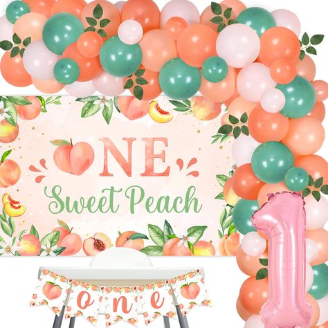 PRICES MAY VARY. Package Includes: The one sweet peach birthday decorations include include 50 x latex balloons 12 inches, 15 x latex balloons 5 inches, 1 x one sweet peach backdrop 3 x 5 ft, 1 x one sweet peach high chair banner, 1 x number 1 foil balloon 32 inches(No Helium Supported), 8pcs artificial leaves, one pack can meet your all demands for your peach 1st birthday party Pink Peach Balloon Arch: We offer balloons in pink, white, green, orange to make peach theme balloon arch. Besides, we One Sweet Peach Birthday, Peach Backdrop, One Sweet Peach, Peach Party Decorations, Cake Smash Photo Shoot, Peach Birthday, Sweet As A Peach, Woodland Baby Shower Decorations, Peach Party