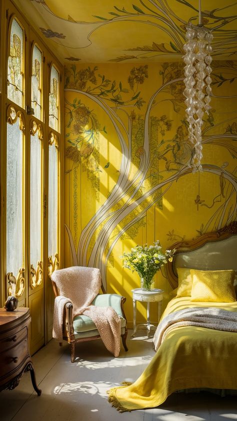 Discover a tranquil yellow wallpaper bedroom infused with Art Nouveau charm. Intricate floral patterns, flowing lines, and sunlight streaming through ornate windows create a harmonious space. Antique wooden furniture, a cozy vintage armchair, and whimsical chandelier enhance comfort and elegance. Experience the beauty of early 20th-century design principles in this inviting sanctuary. #YellowWallpaper #ArtNouveau #HomeDecor #InteriorDesign Yellow Eclectic Bedroom, Yellow Floral Wallpaper Bedroom, Yellow Maximalist Bedroom, Yellow And Gold Bedroom, Chartreuse Ceiling, Maximalist Airbnb, Art Nouveau Interior Bedroom, Yellow Room Ideas Bedrooms, Yellow Wallpaper Bedroom