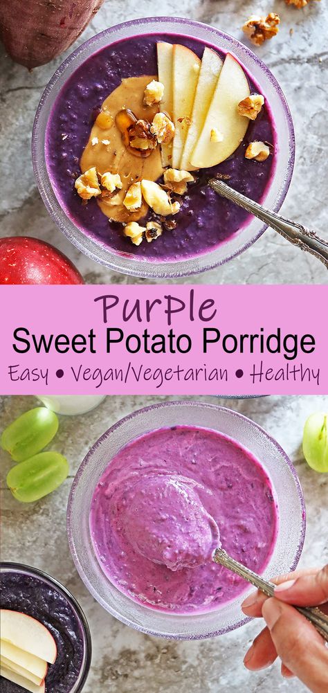 Aromatic and delicious, this Purple Sweet Potato Porridge is made by blending cooked purple sweet potatoes with coconut milk, maple syrup, and spices. It can be served with peanut butter, Greek yogurt, and fruit for a filling and tasty breakfast. Purple Potato Soup, Purple Sweet Potato Breakfast, Sweet Potato Porridge, Greek Yogurt And Fruit, Potato Porridge, Peanut Butter Greek Yogurt, Yogurt And Fruit, Potato Breakfast, Purple Sweet Potato