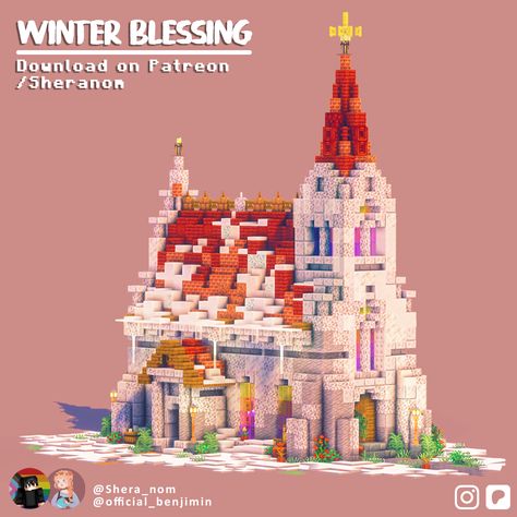 Hey There! Today I'm sharing winter festive church with a red roof!  It's made out of mangrove wood and diorite! The inside has a small enchanting setup and a place where you can gather with friends!  Download this cozy build on my Patreon :) Enchanting Setup Minecraft, Cozy Minecraft, Survival Minecraft, Winter Farm, Mc Builds, Medieval Church, Minecraft Server, Minecraft Christmas, Minecraft Inspo