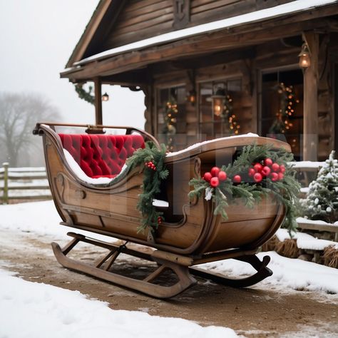 Christmas Pictures With Old Truck, Christmas Sleigh Photoshoot, Wooden Sleigh Diy, Sleighs Christmas, Santa Sleigh Decoration, Christmas Sled Decoration, Vintage Sleigh, Christmas Homes, Christmas Digital Backdrop