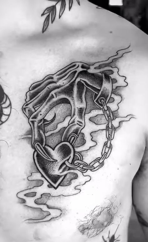 Done by Jordan Baxter at Allstar Tattoo, Limerick, Ireland Black and grey Chest Demon, hand, chain, heart Prisoner Of Love Tattoo, Prisoner Of Love, Lock Tattoo, Locket Tattoos, Chain Tattoo, Limerick Ireland, Love Tattoo, Chain Heart, Hand Chain