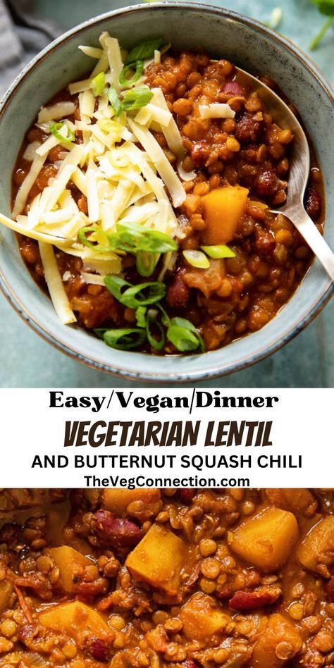 Warm yourself from the inside out with this savoury Vegetarian Chili made with nutty lentils, sweet butternut squash and tasty beans. Finished with just a hint of heat, this chili is the perfect winter dish! Chilli Recipe Vegetarian, Butternut Squash Chili Recipe, Butternut Squash Chilli, Squash Chili, Vegan Chili Recipe, Butternut Squash Chili, Vegetarian Chili Recipe, Lentil Chili, Dried Lentils