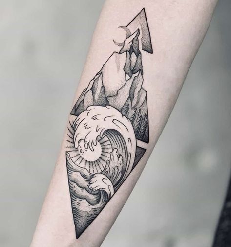 Ocean Inspired Tattoos Men, Ocean Tattoo Men, Ocean Forearm Tattoo, Big Forearm Tattoo, Out Of The Woods Tattoo, Tattoo Ideas Water, Elemental Tattoos, Mountain And Wave Tattoo, Ty Tattoo