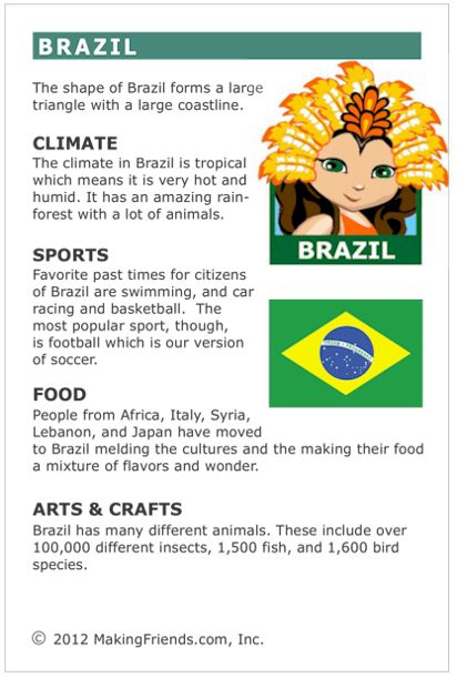 MakingFriends Facts about Brazil Printable Thinking Day fact card for our passports. Perfect if you chose Brazil for your Girl Scout Thinking Day or International Night celebration. Facts About Brazil, Easy Paper Snowflakes, Brazil Facts, Craft Ideas For Beginners, Snowflakes Design, Around The World Theme, Country Studies, Teaching Geography, Country Facts