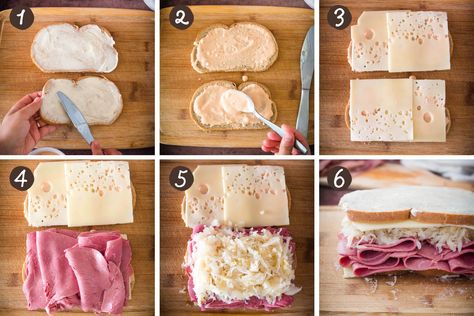 This classic hot Reuben sandwich recipe is made with corned beef, swiss cheese, sauerkraut, and thousand island or Russian dressing. It's layered on buttered rye bread and cooked in a cast iron skillet like a grilled cheese sandwich. You can make this hearty sandwich in just 15 minutes with deli corned beef or leftover corned beef brisket from St. Patrick's day! Corn Beef Reuben Sandwich, Corned Beef Reuben, Reuben Sandwich Recipe, Corned Beef Sandwich, Corned Beef Brisket, Russian Dressing, Thousand Island, Reuben Sandwich, Thousand Island Dressing