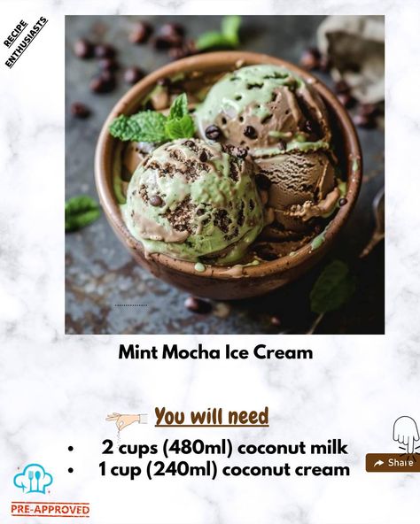 Mint Mocha Ice Cream Ingredients: 2 cups (480ml) heavy cream 1 cup (240ml) whole milk ¾ cup (150g) granulated sugar ¼ cup (25g) cocoa powder 1 tsp peppermint extract 1 tbsp instant coffee granules Instructions: Combine cream, milk, sugar, cocoa powder, peppermint extract, and coffee granules in a bowl. Stir until smooth. Pour mixture into an ice cream maker and churn according to the manufacturer’s instructions. Transfer to a container and freeze until firm Mocha Ice Cream, Mint Mocha, Peppermint Extract, Coffee Granules, Ice Cream Ingredients, An Ice Cream, Ice Cream Maker, Instant Coffee, Whole Milk