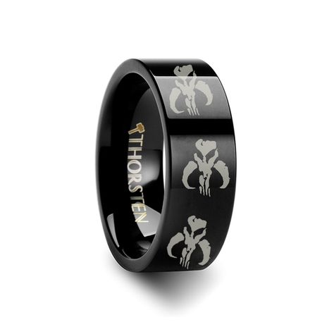 Mandalorian Symbol Star Wars Polished Black Tungsten Engraved Ring Jewelry - 4mm - 12mm Dinosaur Rings, Mandalorian Symbol, Green Tourmaline Engagement Ring, Dinosaur Ring, Black Tungsten Wedding Band, Tungsten Jewelry, Titanium Rings For Men, Tourmaline Engagement Ring, Black Tungsten Rings