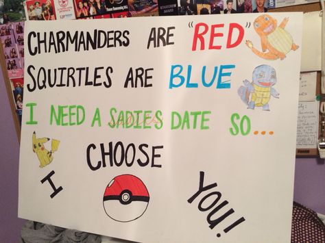 Sadies idea!!! #sadies #pokemon Pokemon Homecoming Proposal, Pokemon Hoco Proposal, Pokemon Promposal, Dance Responses, Sadie Proposals Ideas, Sadies Ideas, Sadies Proposals, Bf Scenarios, Dance Signs