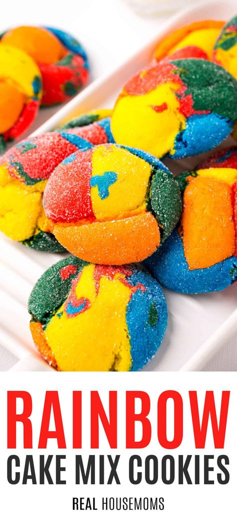 Celebrate your kids with these festive Rainbow Cake Mix Cookies! Super fun to make, these bright & cheerful soft cookies turn any day into a party! #Realhousemoms #rainbow #cakemix #cookies #cakemixcookies #dessert #cookiemonster #backtoschool #foodcoloring #fall #christmas Italian Rainbow Cookies, Soft Cookies, Waffle Cake, Rainbow Cookies, Cookie Dough Balls, Barbie Theme, White Cake Mixes, Cake Mix Cookies, Soft Cookie