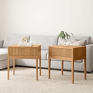 Nathan James Jasper Mid-Century Accent Side or End Table with Storage, Wood Frame, Natural Brown - Set of 2 Nathan James, Bedside Table Set, Glass Top End Tables, Mid Century Modern Nightstand, Mid Century Nightstand, End Tables With Drawers, Nightstand Set Of 2, Side Table With Storage, Brass Handle