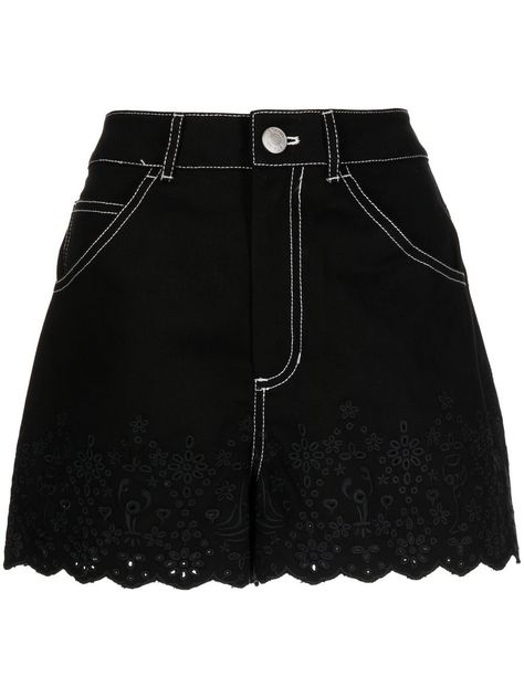 black cotton embroidered design button fastening belt loops classic five pockets Gothic Oc, Fitted Shorts, Black Lace Shorts, Y2k Jeans, Princess Outfits, Embroidered Shorts, Gothic Outfits, Baddie Outfits Casual, Edgy Outfits