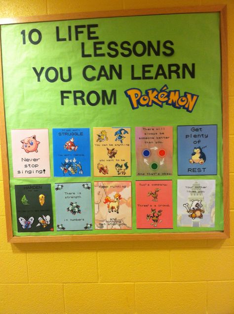 10 life lessons you can learn from Pokemon - Bulletin board Resident Assistant Bulletin Boards, 10 Life Lessons, Ra Bulletins, Ra Bulletin Boards, Resident Assistant, Pokemon Craft, Ra Ideas, Pokemon Theme, Bulletin Board Display