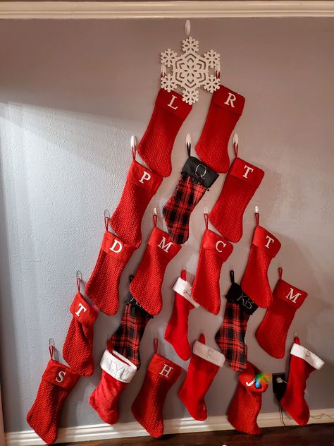 Alternative Christmas Stocking Ideas, Hanging Christmas Stockings On Wall, Large Family Stocking Hanging Ideas, Christmas Stocking On Wall, Stocking Display Ideas, Hanging Stockings Ideas, How To Decorate Stockings For Christmas, Christmas Stockings Hanging Ideas, Christmas Stocking Display Ideas