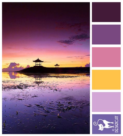 Pagoda Sunset - Purple, Plum, pink, yellow, lilac, aubergine - Designcat Colour Inspiration Pallet Colour Palette Purple Yellow, Purple And Yellow Sunset, Yellow And Purple Color Palette, Purple Yellow Color Palette, Purple Yellow Sunset, Yellow Pallet, Sunset Purple, Yellow Lilac, Gold Color Palettes